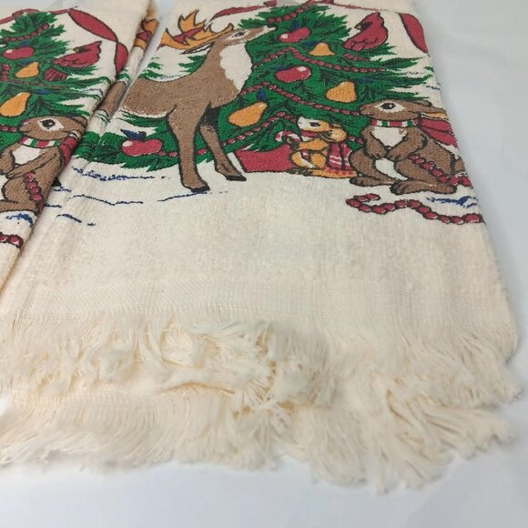 Vintage Cecil Saydah Christmas Fringe Kitchen Towel Pair Tree Reindeer New READ - Picture 3 of 12